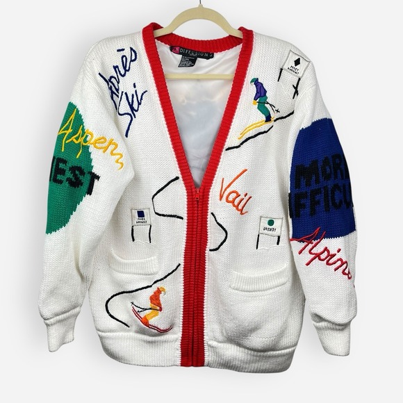 Vintage IB Diffusion Sweater Cardigan Large 80s White Red Ski Vail Aspen Tahoe - Picture 1 of 9